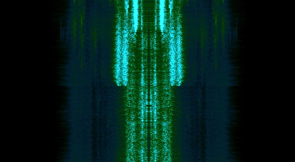 A screenshot of a sound piece accompanied by a video. The video has a black background with a slow-moving green graphic in the centre.