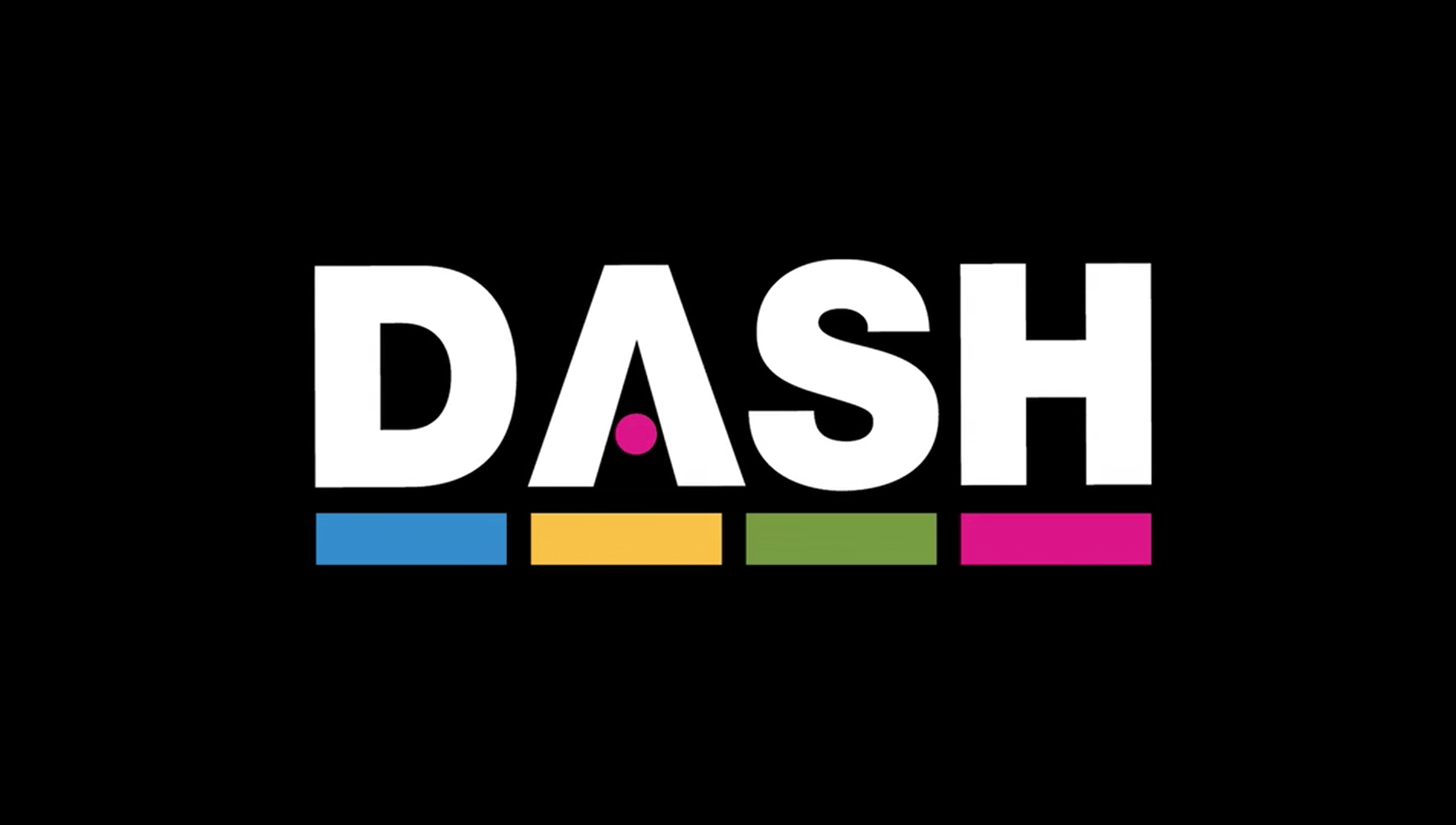 A logo that reads, dash, in white capital letters, with a blue, yellow, green and pink dashed line underneath