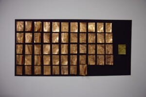 Fifty-three rectangle pieces of bronze aluminium lined up on a large black board. The aluminium has the cover of a passport etched into them.